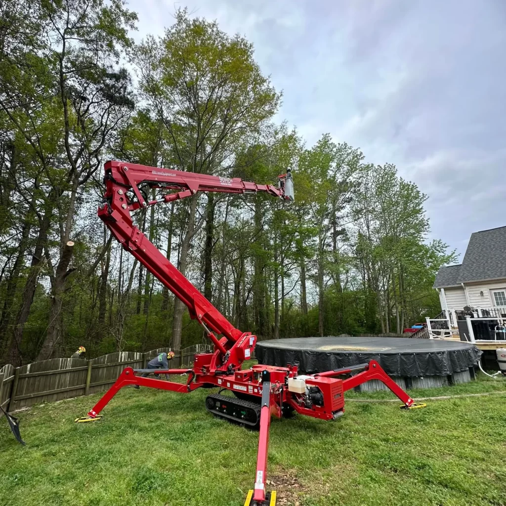 Kenny's Tree Removal removing tree with spider lift in Fuquay Varina NC.