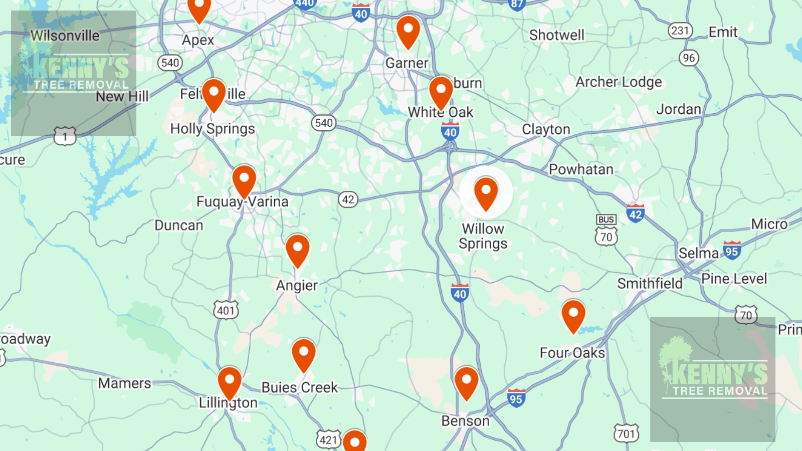 Service areas map for Kenny’s Tree Removal